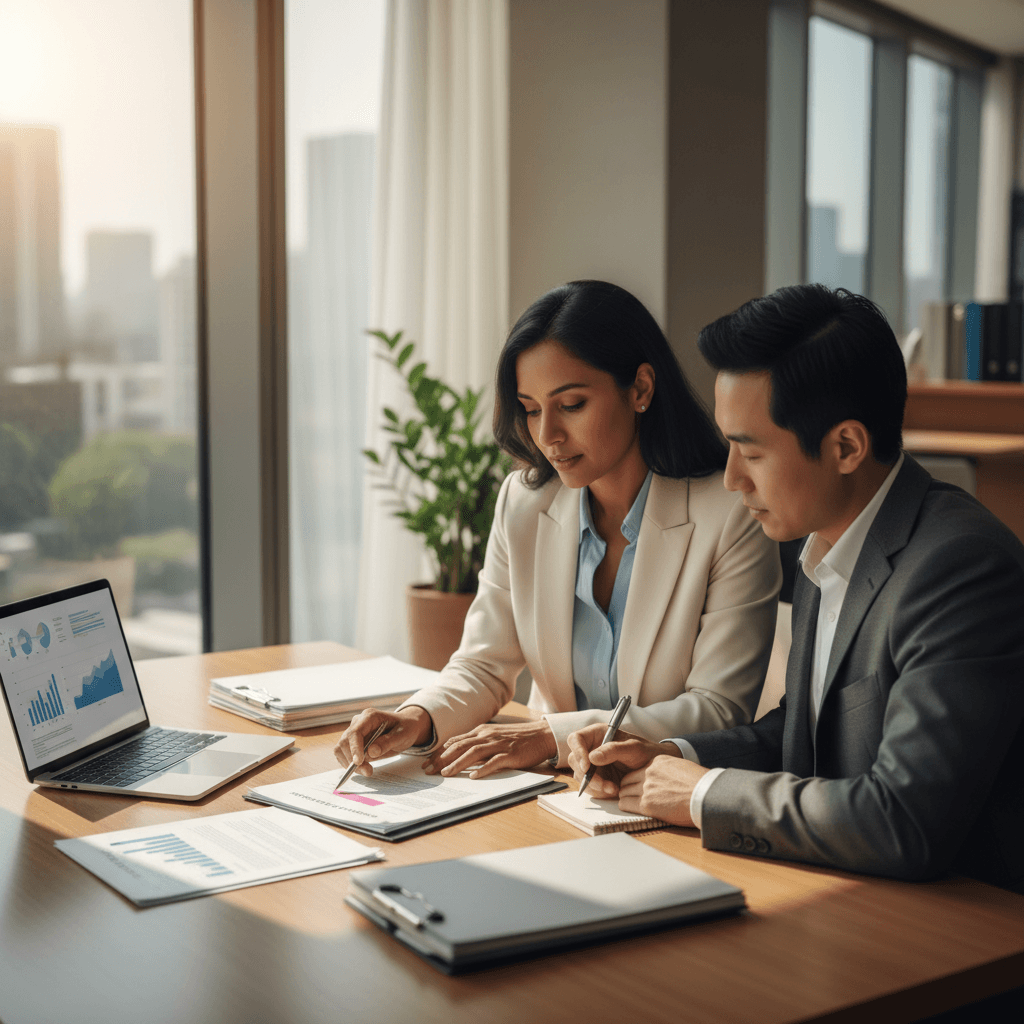 Financial consultant reviewing investment documents with client