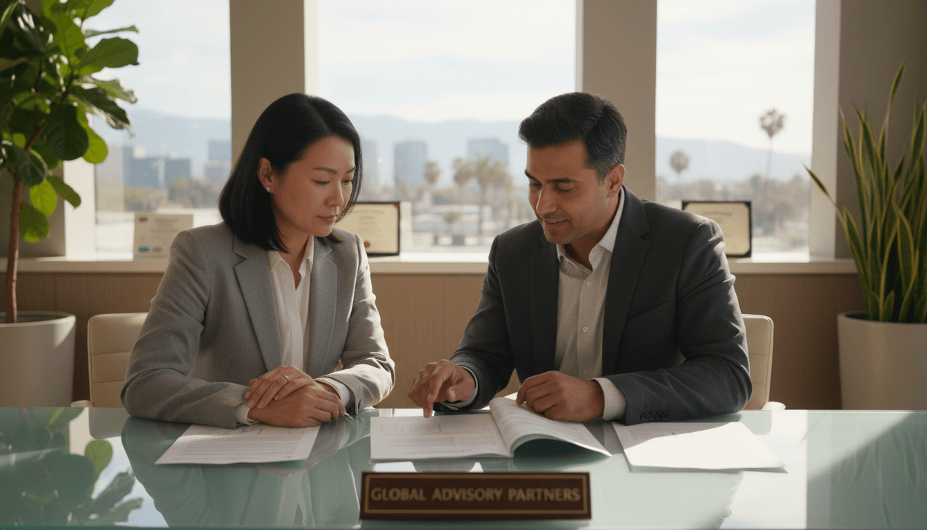 Financial advisor reviewing EB-5 investment documents with international investor