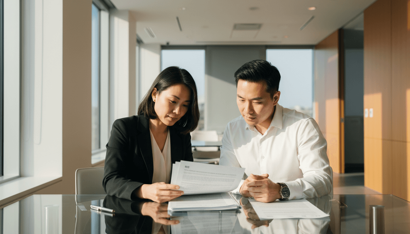 Financial advisor reviewing EB-5 documents with international investor in modern Irvine office