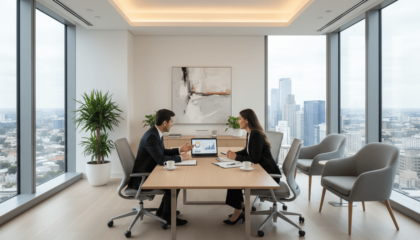 Professional financial advisor meeting with international clients in modern office