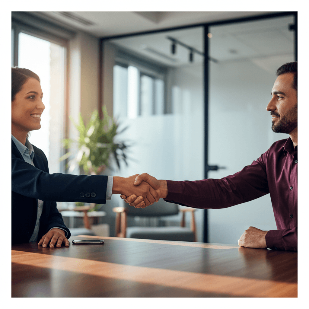 Business partnership handshake representing successful consulting relationship