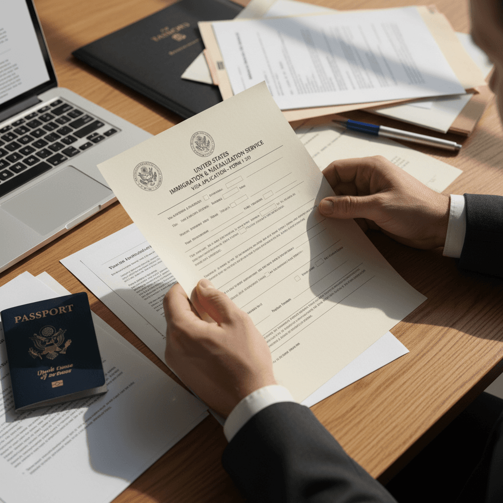 Close-up of immigration documents and paperwork on law office desk showing meticulous case preparation