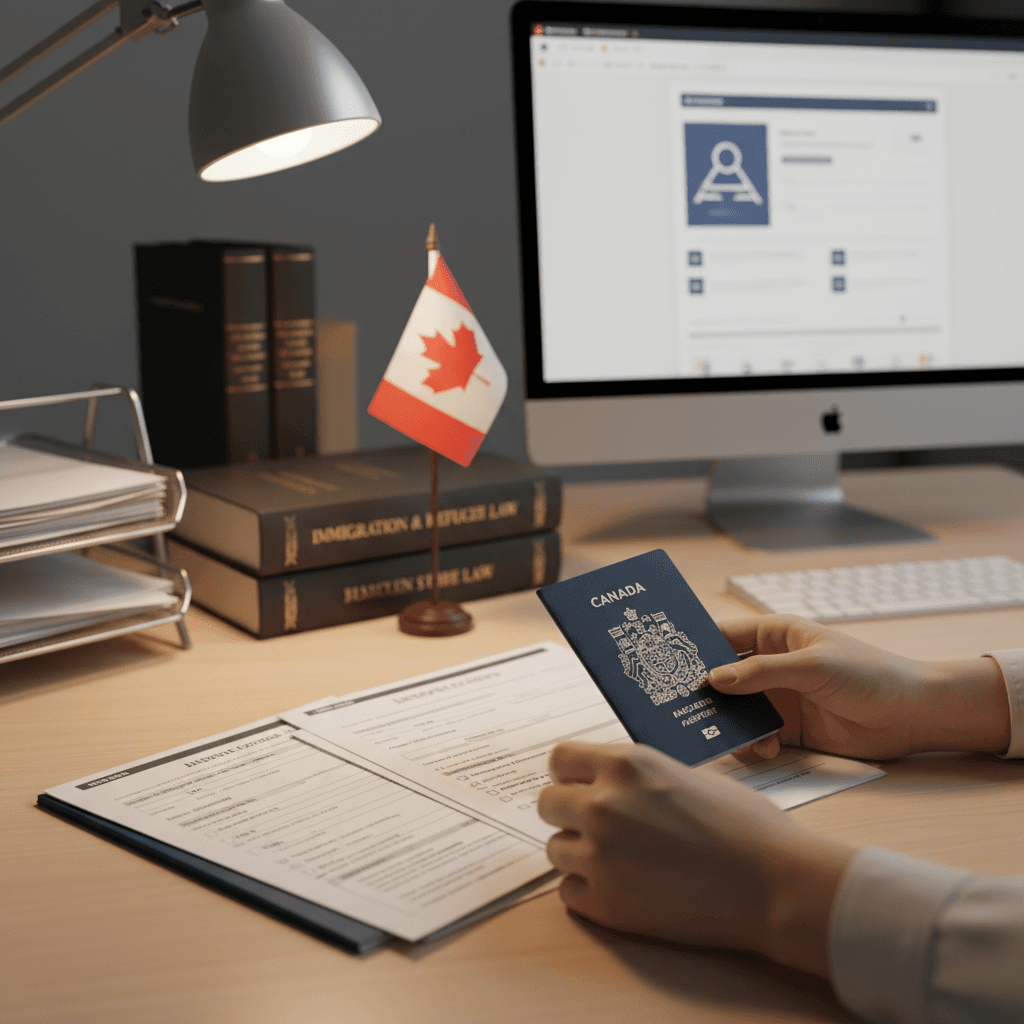Green card and U.S. passport on professional desk