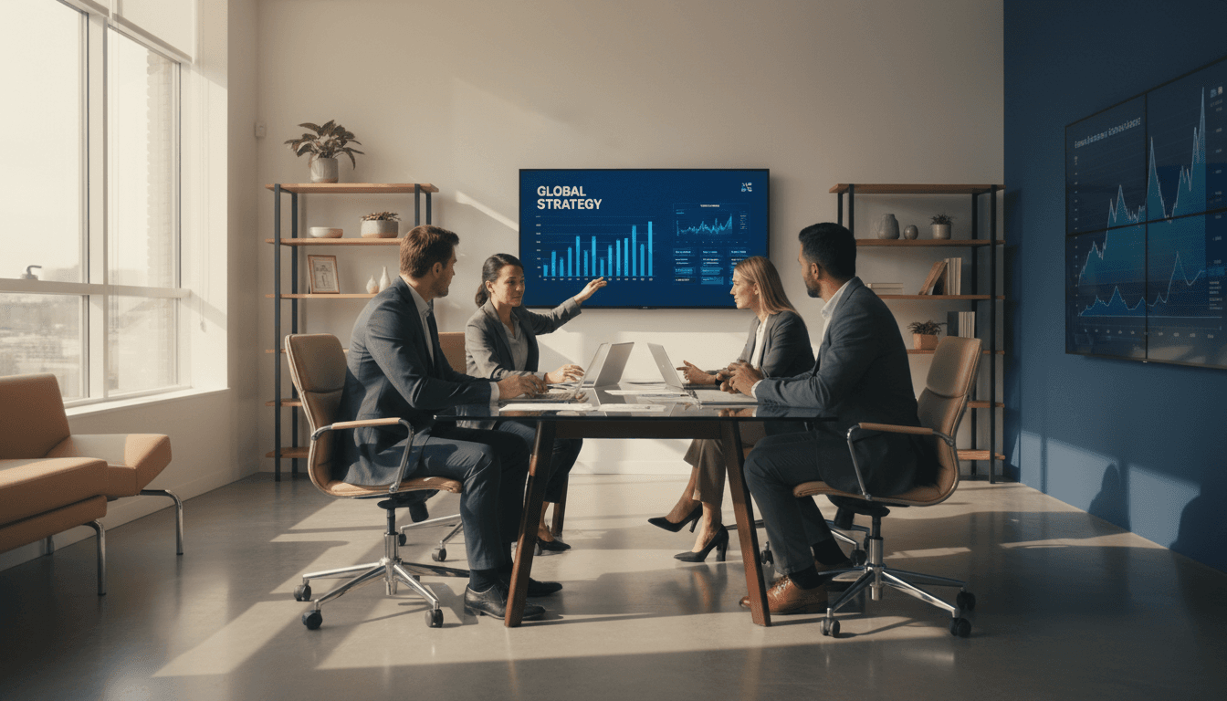Two professionals discussing EB-5 investment strategy at a modern office desk with documents and globe